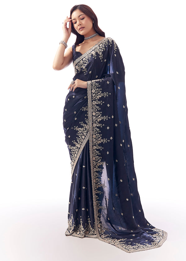 Navy Blue Tissue Silk Saree With Heavy Floral Embroidered Butti Border