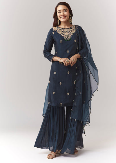 Navy Pakistani Style Sharara Set With Dupatta