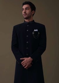 Navy Blue Embroidered Sherwani Set In Polyester With Collar Detailing