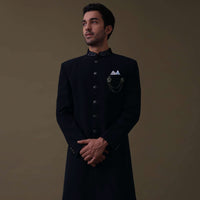 Navy Blue Embroidered Sherwani Set In Polyester With Collar Detailing