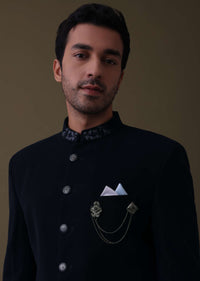 Navy Blue Embroidered Sherwani Set In Polyester With Collar Detailing