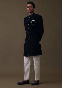 Navy Blue Embroidered Sherwani Set In Polyester With Collar Detailing