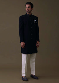 Navy Blue Embroidered Sherwani Set In Polyester With Collar Detailing