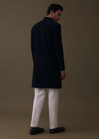 Navy Blue Embroidered Sherwani Set In Polyester With Collar Detailing