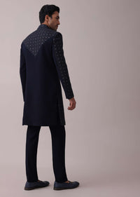 Navy Blue Achkan Set With Mirror And Cut Dana Embroidery