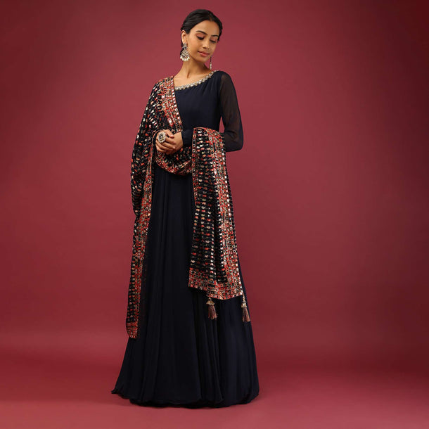 Navy Blue Anarkali Suit In Georgette With A Multi Colored Resham And Abla Embroidered Dupatta In Paisley Design
