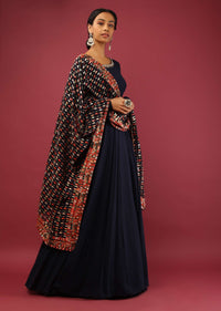 Navy Blue Anarkali Suit In Georgette With A Multi Colored Resham And Abla Embroidered Dupatta In Paisley Design