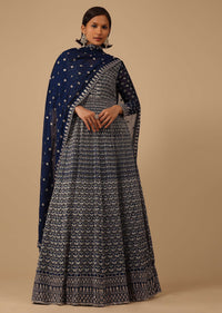 Navy Blue Anarkali Suit Set In Georgette With Thread Work All Over