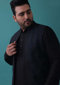 Navy Blue And Black Embroidered Bandi Jacket Set In Cotton Silk