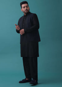 Navy Blue And Black Embroidered Bandi Jacket Set In Cotton Silk