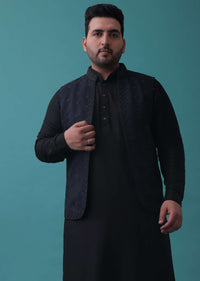 Navy Blue And Black Embroidered Bandi Jacket Set In Cotton Silk