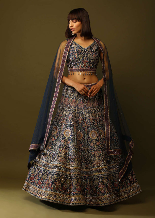 Navy Blue And Purple Shaded Lehenga Choli In Raw Silk With Floral Print And Mirror Work