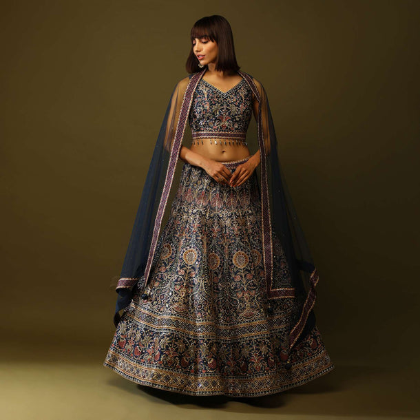 Navy Blue And Purple Shaded Lehenga Choli In Raw Silk With Floral Print And Mirror Work