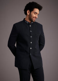 Navy Blue Bandhgala Suit With Embroidered Collar