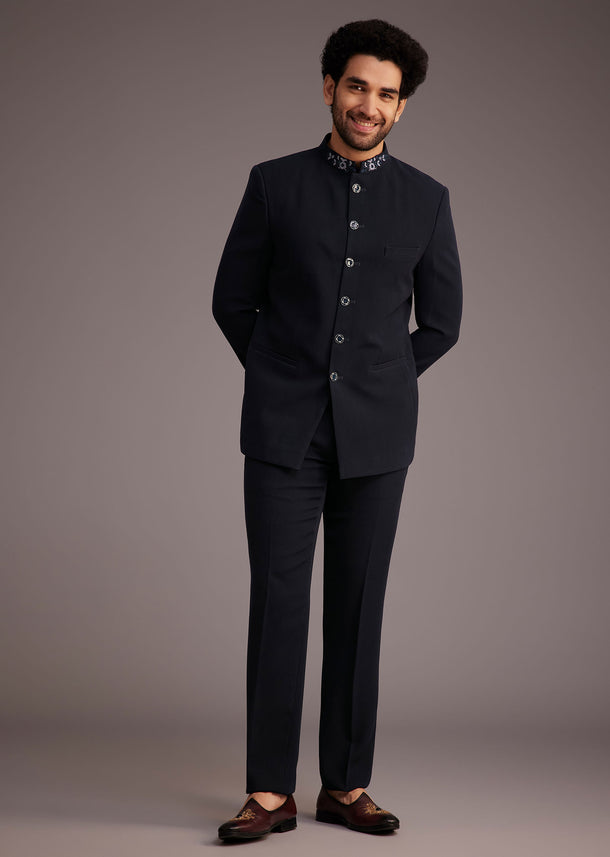 Navy Blue Bandhgala Suit With Embroidered Collar