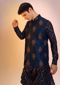 Navy Blue Bandi Jacket With Block Printed Floral Buttis, Off Centre Placket And Bandhani Printed Cowl Kurta Set