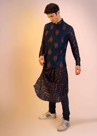 Navy Blue Bandi Jacket With Block Printed Floral Buttis, Off Centre Placket And Bandhani Printed Cowl Kurta Set