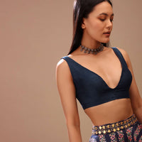 Navy Blue Blouse In Tussar Silk With Plunging Neckline And Front Hook Closure