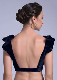 Navy Blue Blouse In Velvet With A Trapeze Neck And Ruffle Sleeves