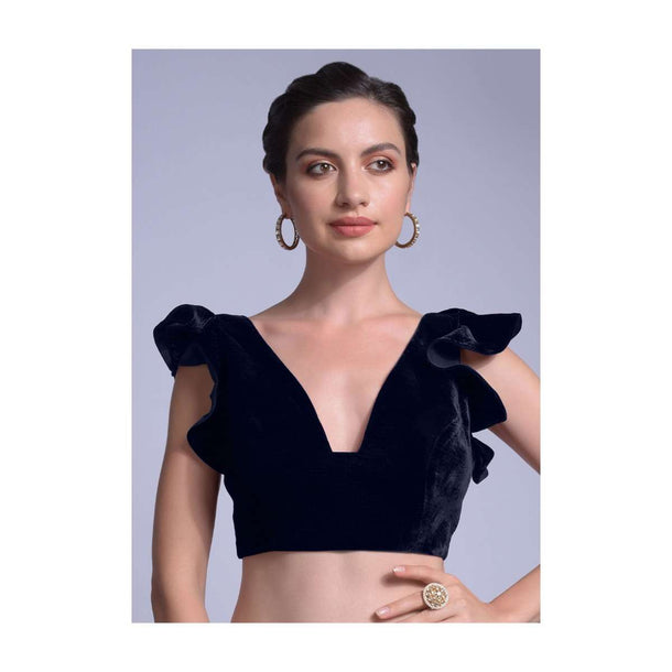 Navy Blue Blouse In Velvet With A Trapeze Neck And Ruffle Sleeves