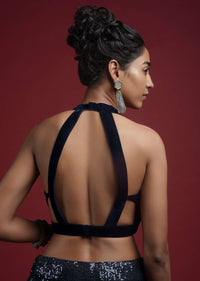 Navy Blue Blouse In Velvet With Halter Straps And Sweetheart Neckline