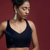 Navy Blue Blouse In Velvet With Halter Straps And Sweetheart Neckline