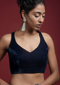 Navy Blue Blouse In Velvet With Halter Straps And Sweetheart Neckline