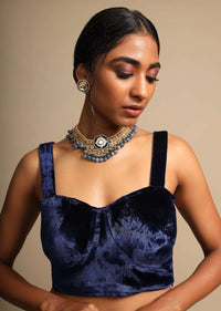 Navy blue Corset Blouse In Velvet With Sweetheart Neckline