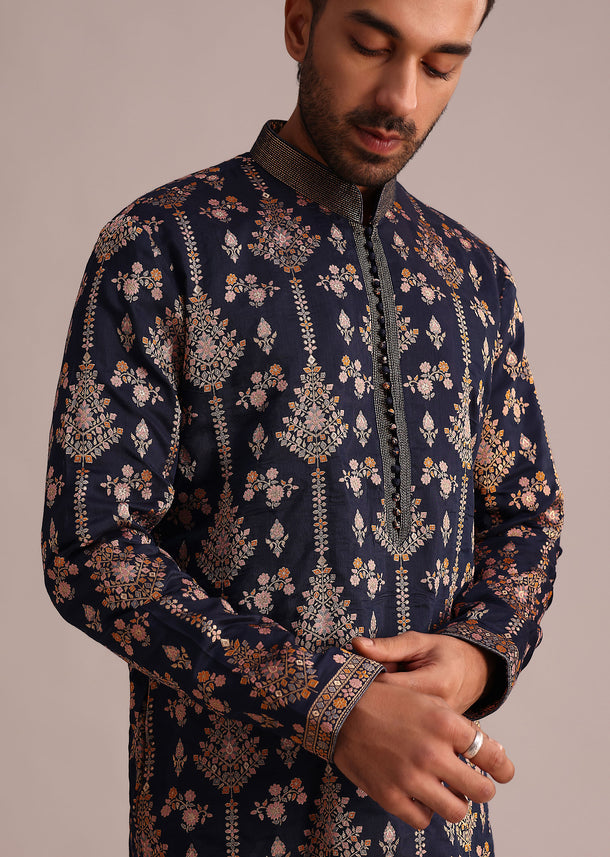 Navy Blue Brocade Kurta Set