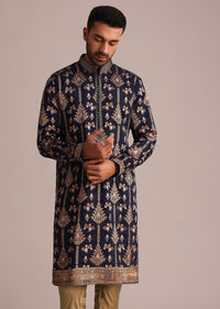 Navy Blue Brocade Kurta Set