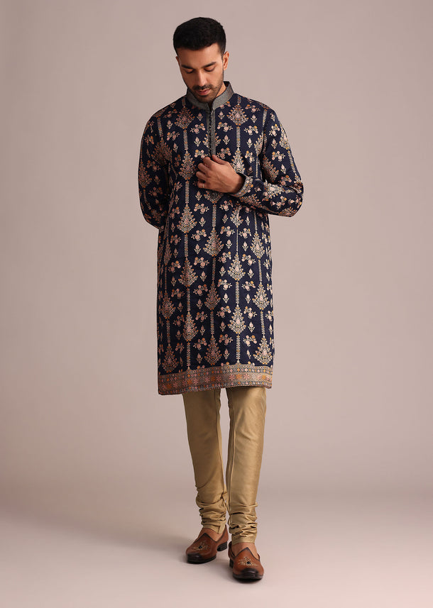 Navy Blue Brocade Kurta Set