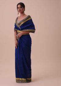 Navy Blue Chanderi Cotton Silk Saree With Jute Pallu