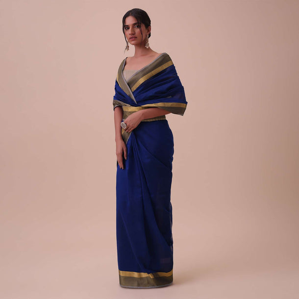 Navy Blue Chanderi Cotton Silk Saree With Jute Pallu
