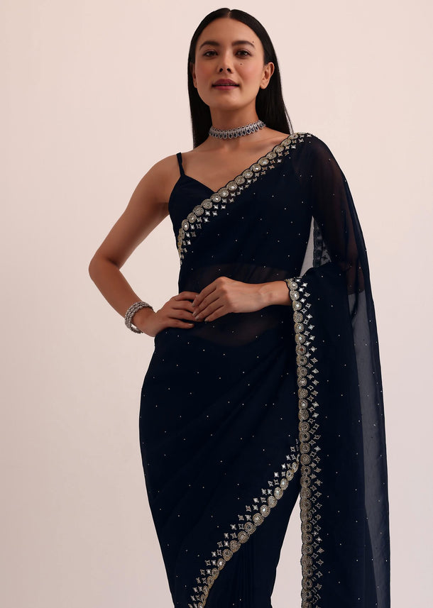 Navy Blue Chinon Saree With Mirror Embroidery And Unstitched Blouse