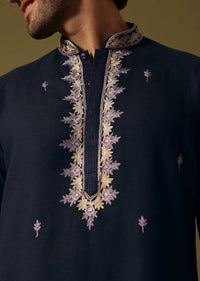 Navy Blue Cotton Kurta Set With Resham Work For Men