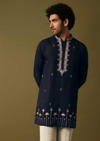 Navy Blue Cotton Kurta Set With Resham Work For Men