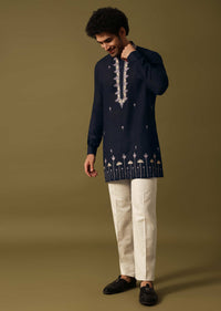 Navy Blue Cotton Kurta Set With Resham Work For Men