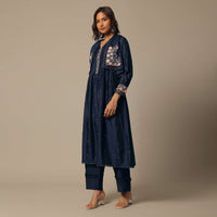 Navy Blue Cotton Pant Set With Pearl Work