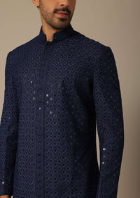 Navy Blue Cotton Kurta Set With Lucknowi Detail