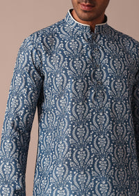 Navy Blue Cotton Silk Straight Kurta With Printed Work