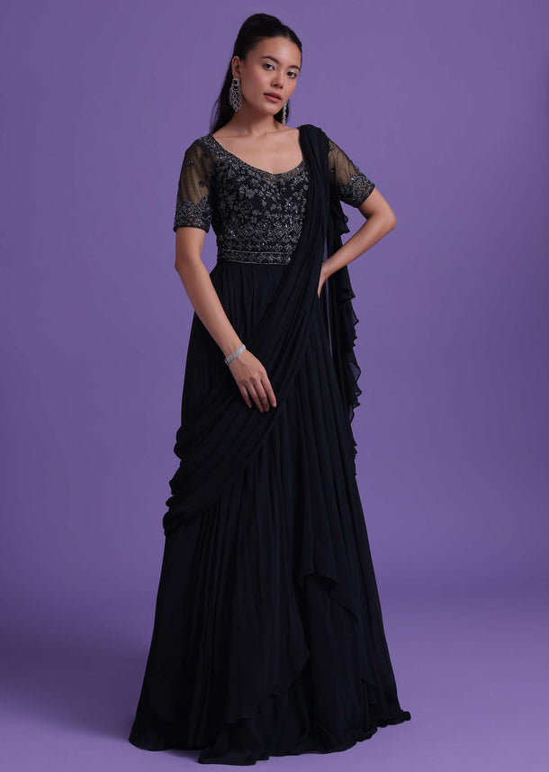 Navy Blue Cut Dana Embroidered Gown With Attached Drape In Georgette