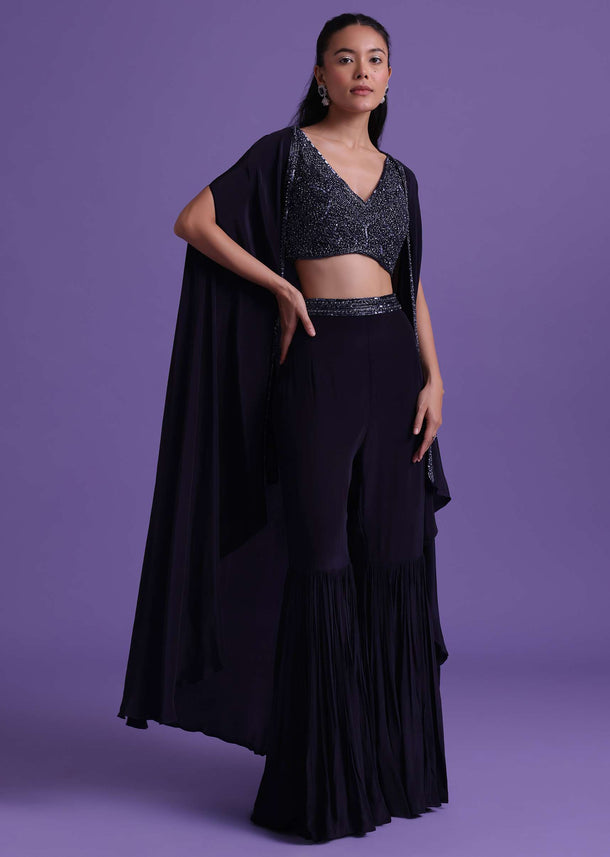 Navy Blue Cut Dana Embroidered Sharara And Blouse Set With Shrug in Satin
