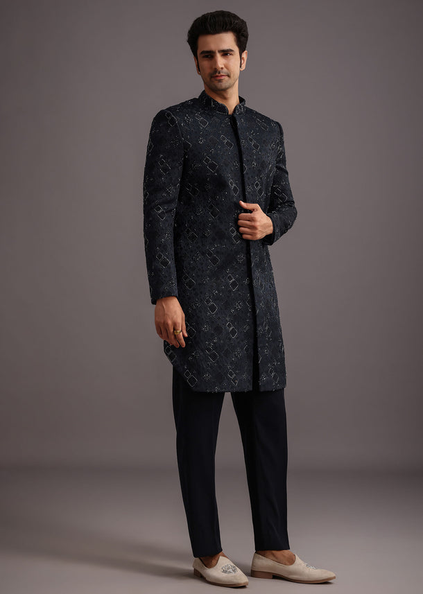 Navy Blue Cutdana Embroidered Indowestern Suit