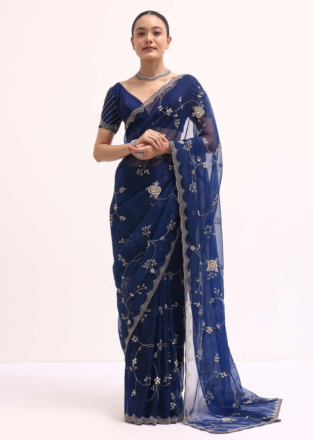 Navy Blue Cutdana Embroidered Saree With Unstitched Blouse