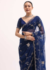 Navy Blue Cutdana Embroidered Saree With Unstitched Blouse