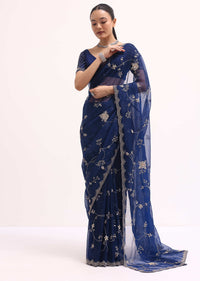 Navy Blue Cutdana Embroidered Saree With Unstitched Blouse