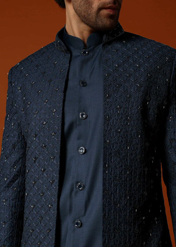 Navy Blue Cutdana Embroidered Sherwani Set For Men