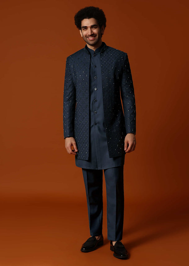 Navy Blue Cutdana Embroidered Sherwani Set For Men