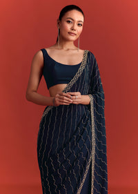 Navy Blue Cutdana Work Chinnon Saree