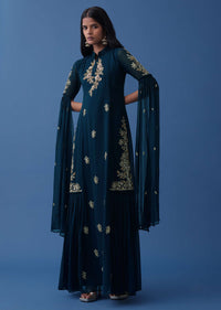 Navy Blue Embroidered Indowestern Georgette Dress With Stylized Flared Sleeves